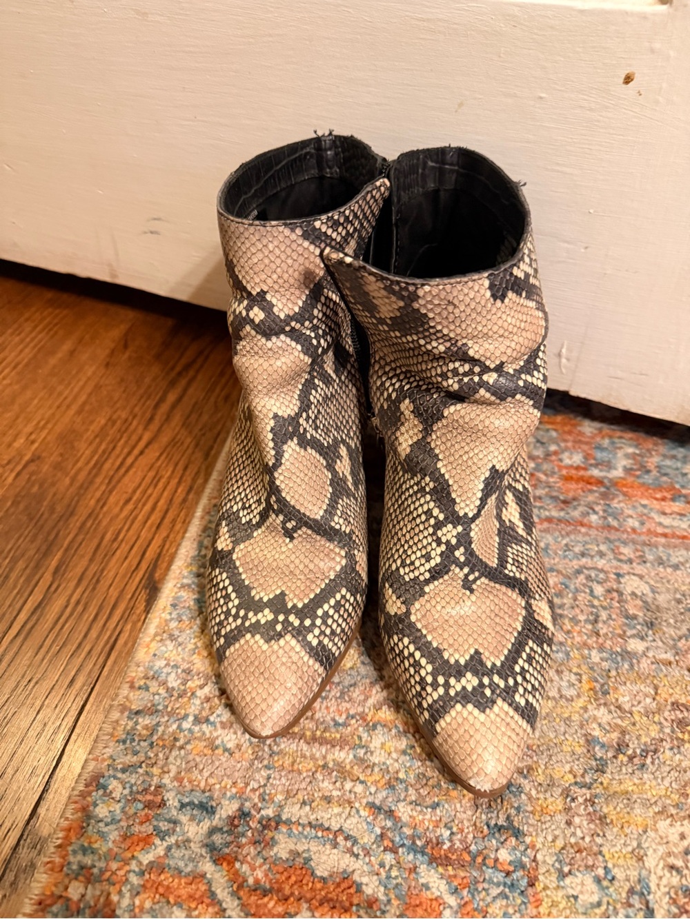 Vince Camuto Snake-Print Pointed Toe Ankle Boots - Taupe/Black